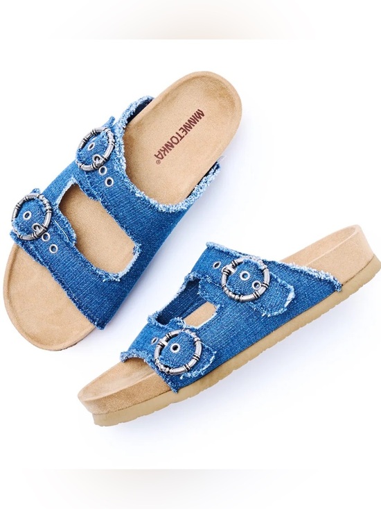 Minnetonka Shoes - Minnetonka Blue Denim Double-Buckle Slide Sandals